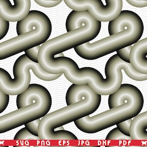 May include: Abstract seamless pattern featuring a repeating design of curved, layered lines in shades of gray and black. The lines create a three-dimensional effect against a white background with subtle wave patterns. The bottom of the image includes file type icons.