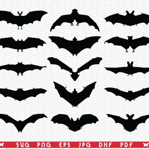 May include: A collection of black bat silhouettes in various poses against a white background with a wavy pattern. The bats have outstretched wings, and the image includes file type indicators: SVG, PNG, EPS, JPG, DXF, and PDF.
