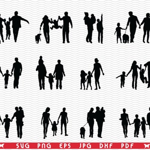 SVG, passeggiate in famiglia, sagome nere, clipart digitali, file eps, jpg, disegno vettoriale di famiglie, download immediato di svg, png, dxf per Cricut