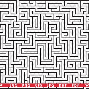 May include: Black and white maze design with a complex path. The maze is composed of thick, straight lines forming a challenging puzzle. The bottom of the image features file type icons: SVG, PNG, EPS, JPG, DXF, and PDF.
