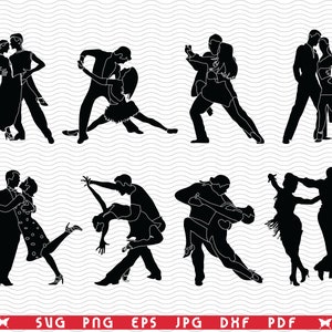 Peut inclure: Silhouettes noires et blanches de couples dansant. L'image présente diverses poses de danse, notamment le tango et les styles de danse de salon. Le bas de l'image comprend les formats de fichiers : SVG, PNG, EPS, JPG, DXF et PDF.