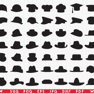 May include: A collection of black hat silhouettes, including baseball caps, fedoras, chef hats, and graduation caps. The hats are arranged in rows and columns, offering a variety of styles for design or crafting projects. The bottom of the image includes file type options.