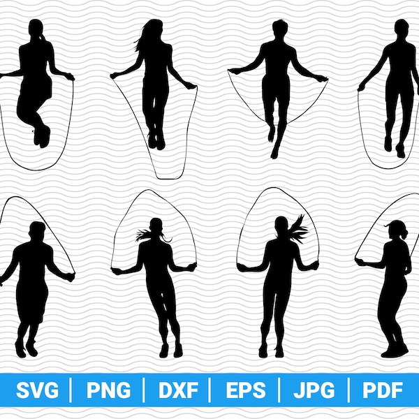 SVG Rope Skipping, Black Silhouettes, Digital clipart, Files eps,jpg, Rope Skipping Design vector, Instant download svg, png, dxf for Cricut