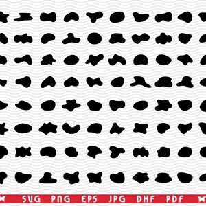 May include: Black abstract shapes in various forms, arranged in rows on a white background with a wavy pattern. The shapes include circles, ovals, and irregular forms. The bottom of the image displays file type options: SVG, PNG, EPS, JPG, DXF, and PDF.