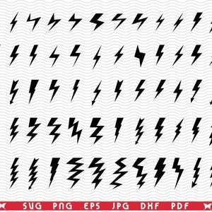 May include: A collection of black lightning bolt graphics in various shapes and sizes. The image includes a variety of lightning bolt designs, from simple to complex, arranged in rows and columns. The bottom of the image features file type options: SVG, PNG, EPS, JPG, DXF, and PDF.