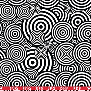 Peut inclure: Motif abstrait de cercles concentriques noirs et blancs. Le design présente de nombreux cercles de tailles variables, créant une composition abstraite dynamique et visuellement attrayante. Les cercles sont disposés de manière dense et superposée.