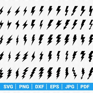May include: A collection of black lightning bolt graphics in various styles. The image includes multiple variations of the lightning bolt design, arranged in rows and columns. The bottom of the image features the text "SVG | PNG | DXF | EPS | JPG | PDF" in a blue rectangle.