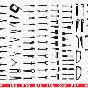 May include: A collection of black silhouette tools, including scissors, clamps, screwdrivers, wrenches, hammers, saws, drills, pliers, and paint rollers. The image also includes the file type formats: SVG, PNG, EPS, JPG, DXF, and PDF.