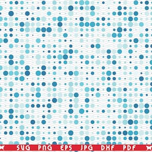 Puede incluir: Un diseño digital con un patrón de círculos azules de varios tamaños y tonos, dispuestos en forma de cuadrícula. Los círculos están superpuestos sobre un fondo ondulado gris claro. La parte inferior de la imagen incluye texto: SVG, PNG, EPS, JPG, DXF, PDF.