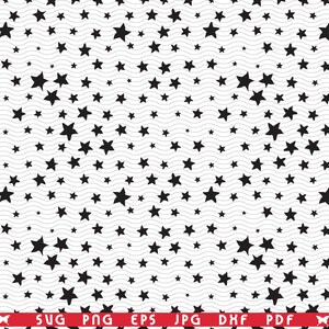 May include: A black and white digital design featuring a pattern of stars of varying sizes. The stars are arranged on a wavy background. The bottom of the image contains the text "SVG PNG EPS JPG DXF PDF".