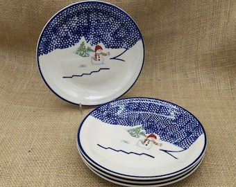 Snowman Plates,  Set of 4, Salad or Dessert Plates, 1990s Thomson Pottery Snowman