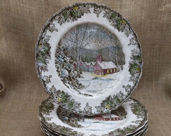 Johnson Brothers Friendly Village The Schoolhouse, 9.875 in Round Dinner Plate, Made in England Brown Backstamp -- CHOICE of Plate