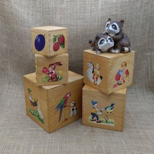 以下が含まれることがあります： 果物、動物、子供たちのカラフルなイラストが描かれた木製のおもちゃのブロック。2匹のアライグマの置物がブロックの上に置かれています。ブロックは積み重ねられており、遊び心のある装飾的な配置になっています。