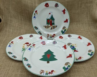 Welcome Winter Dessert Plates, Ro Gregg, Set of 4 Christmas 7.5" Salad Plates, 1998