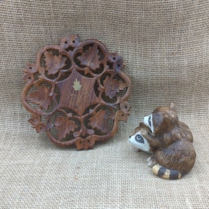 Hand Carved Wood Trivet, Leaf Design with Brass Insert, Plant Riser