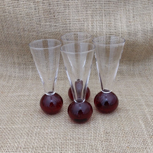 Red Bubble Ball Base Cordial Shot Glass, Red Round Base, Clear Bowl, Set of 4, Tapered Cordials