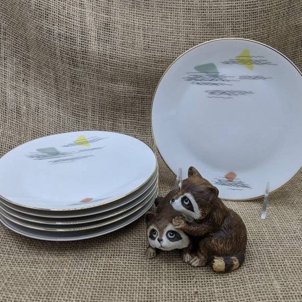 Arzberg Mid Century Modern Abstract Plates, Rose, Green & Yellow, Set of 6,  Salad or Dessert Plates