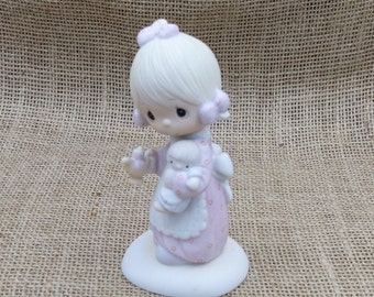 Precious Moments Girl Porcelain Figurine, Jesus is the Light, Little Blonde Girl in Pigtails with Candle and Doll