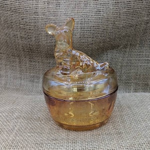 Scottie Dog Dish with Lid, Marigold Carnival Glass, Jeannette Glass