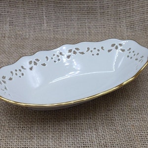 Lenox Ivory Pierced Candy Bowl: Gold Trim, Oval Server