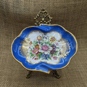 Royal Blue & 22K Gold Floral Ashtray Trinket Dish, Made in France, Fonde en 1789