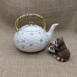 Belleek Shamrock Teapot, Belleek Basketweave Shamrock Pattern, Tea Kettle & Lid, Green Mark