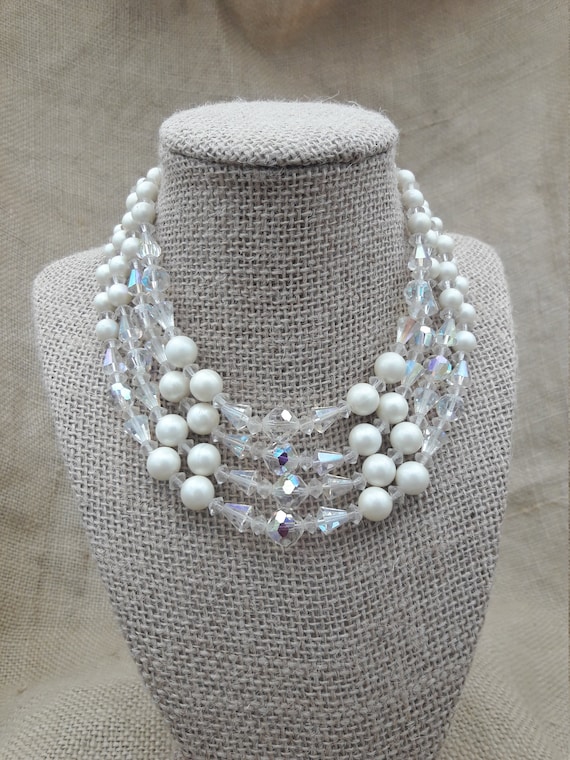 Crystal and Pearl Four Strand Necklace 