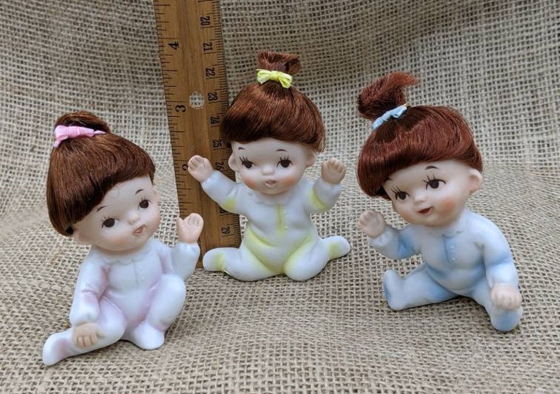 Ceramic Baby Figurines with Hair Real Auburn Hair Vintage INARCO Babies