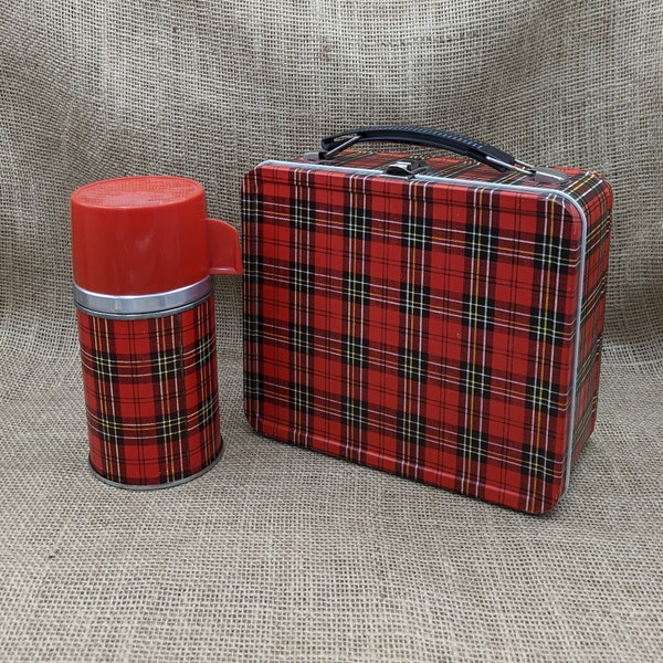 Red Plaid Aladdin Lunchbox with Matching Beverage Container, Metal Lunch Box, Beverage Container with Original Glass Insulated Cylinder