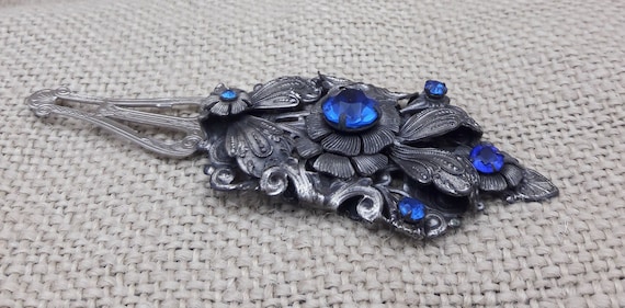 Dress Clip, Fur Clip, Silver with Blue Rhinestones - image 6