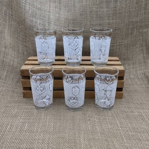 Americana Jelly Jar Juice Glasses, Set of 6, USA Eagle, Rooster, Lantern White & Clear, Gold Scroll, Continental Can Company, Hazel Atlas