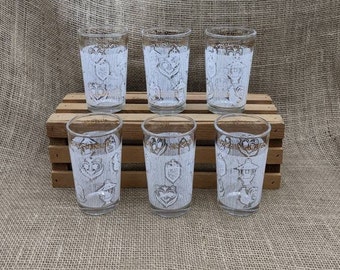 Americana Jelly Jar Juice Glasses, Set of 6, USA Eagle, Rooster, Lantern White & Clear, Gold Scroll, Continental Can Company, Hazel Atlas