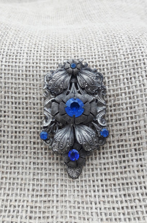 Dress Clip, Fur Clip, Silver with Blue Rhinestones - image 1