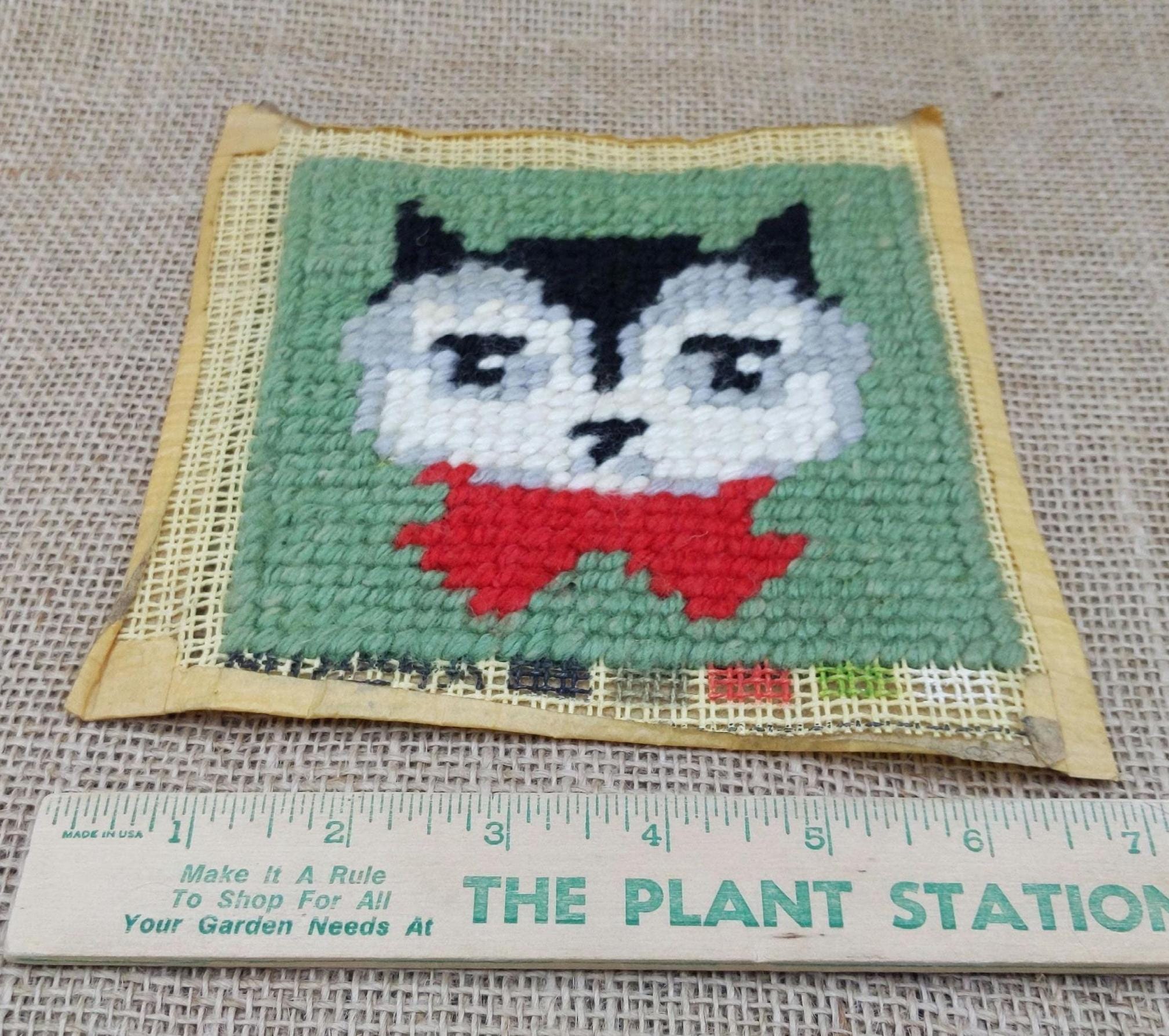 Kitschy Cat Needlepoint: Black, Grey & White, Red Bowtie, Ready to