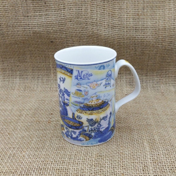 Royal Doulton mug, Afternoon Tea, Doulton Everyday, Tea Party Blue Willow Collage, designed by Philippa Mitchell, 1997