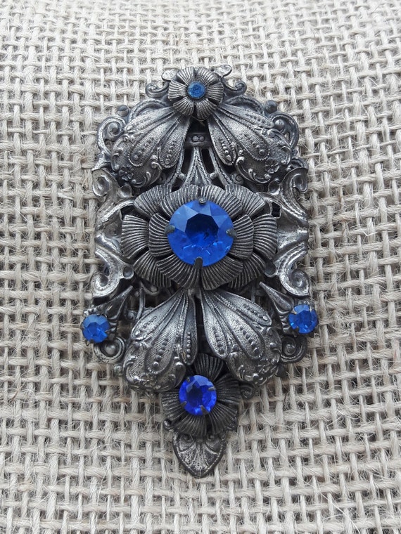 Dress Clip, Fur Clip, Silver with Blue Rhinestones - image 2