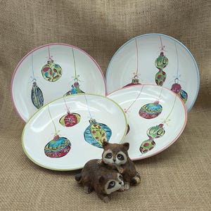 Deck The Halls Plates, 8&quot; Salad Dessert Plates by Roseanna, Set of 4, Christmas Plates with Ornament Design
