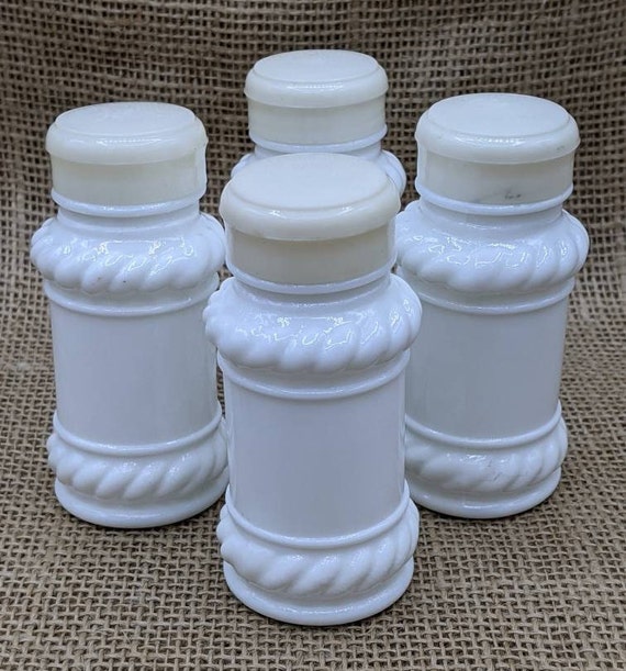 Milk Glass Spice Jars, Set of 4, Vintage White Spice Jars With