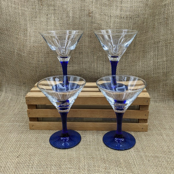 Blue Stem Martini Glasses, Oceane Saphir Luminarc, Made in France, Set of 4 Cocktail Glasses