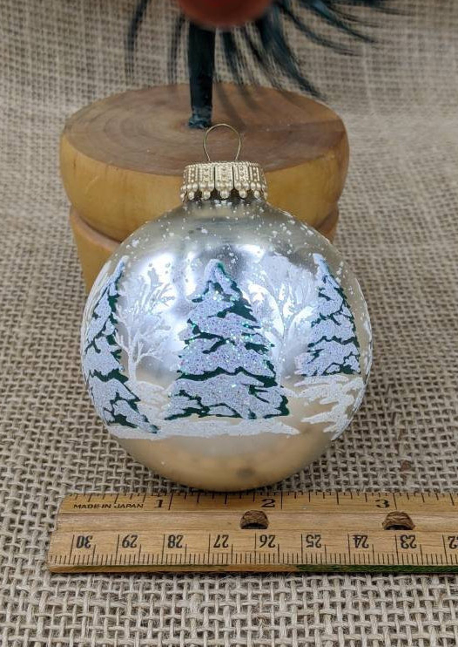 Snow Covered Trees Scene, Vintage Krebs Ornaments, Pearl White With