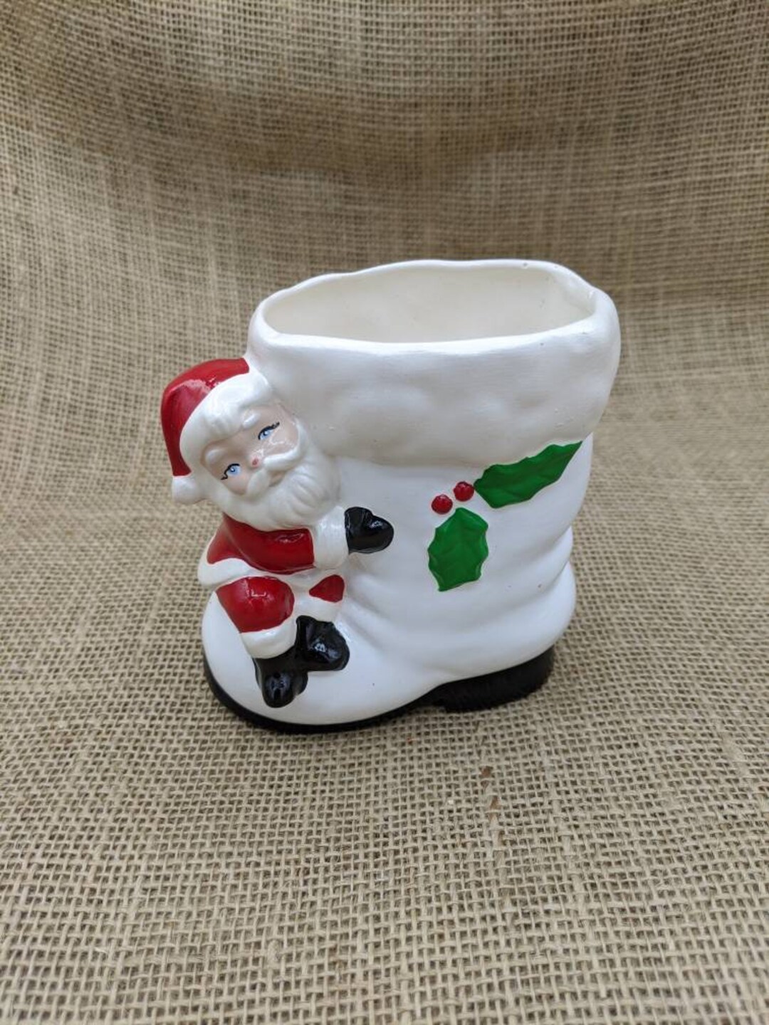 Santa Boot Planter White Ceramic Santa Boot With Santa Claus - Etsy