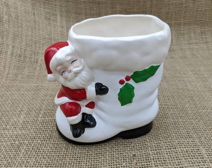 Santa Boot Planter, White Ceramic Santa Boot With Santa Claus Figure