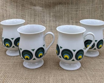 Geometric Footed Mugs, Mid Century Footed Mugs, Set of 4