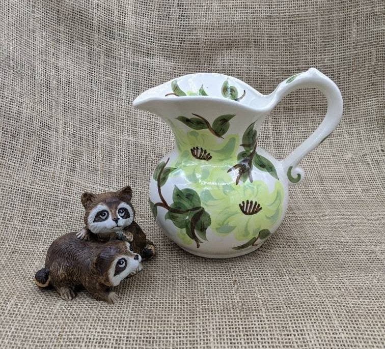 Cash Family Hand Painted Pitcher with Green Flowers 6 Inch Rounded Vintage Pitcher Erwin Tennessee