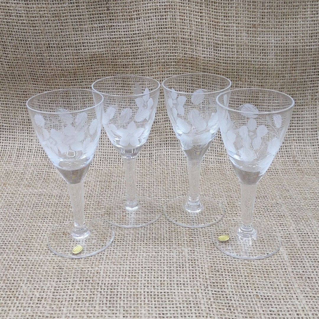 Etched Clear Crystal Stemmed Cordial Glasses, Set of 4, Made in Hungary