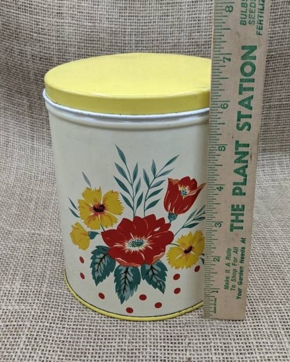 Round 1940s Canister Tin Yellow & White with Flowers and Polka Dots Vintage Floral Tin Kitchen Decor