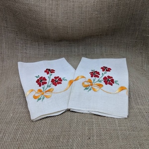 Hand Embroidered Guest Towel or Tea Towel -- Natural Linen with Red Flowers and Yellow Orange Bow, Set of 2