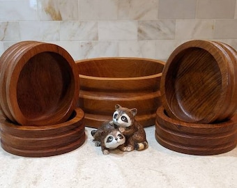Set di ciotole per insalata in legno di teak vintage: design a botte, 5 pezzi