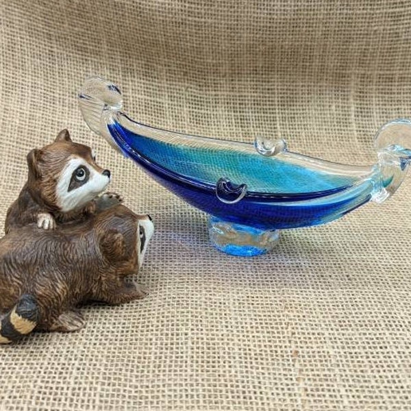 Blue Gondola Shaped Glass Dish or Ashtray, Blue Venetian Murano Style Art Glass