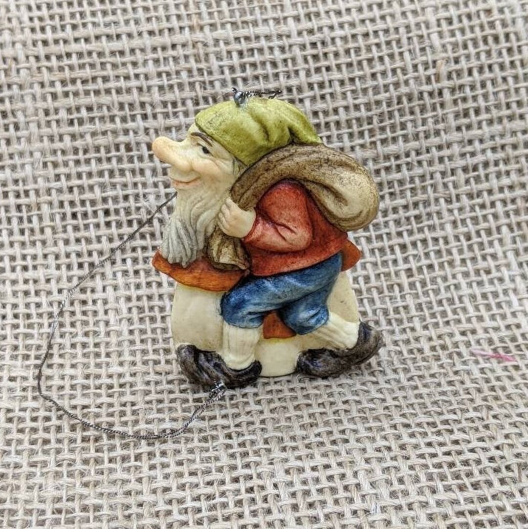 Anri Italy Gnome Ornament, Walking Elf With Sack and Basket, Celluloid